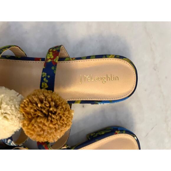 J. McLaughlin Mandy Floral Pom Pom Sandals Slides‎ Size 8 Leather Blue Raffia - Picture 4 of 5